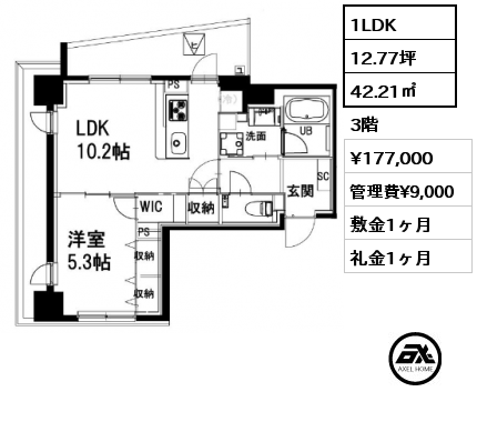 1LDK 42.21㎡ 3階 賃料¥177,000 管理費¥9,000 敷金1ヶ月 礼金1ヶ月