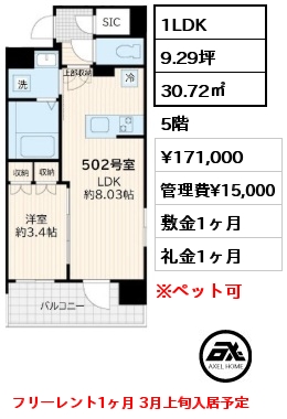 1LDK 30.72㎡ 5階 賃料¥171,000 管理費¥15,000 敷金1ヶ月 礼金1ヶ月 フリーレント1ヶ月 3月上旬入居予定