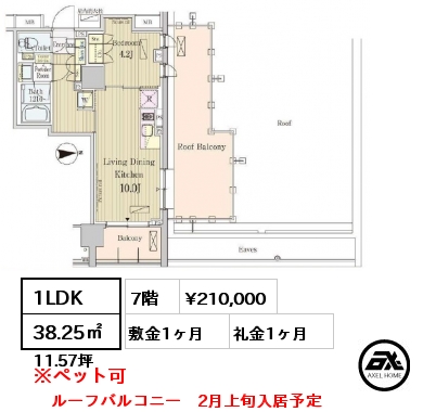 1LDK 38.25㎡ 7階 賃料¥210,000 敷金1ヶ月 礼金1ヶ月 ルーフバルコニー　2月上旬入居予定