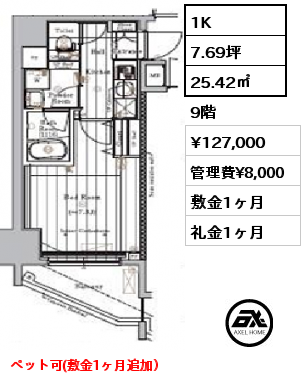 1K 25.42㎡ 9階 賃料¥127,000 管理費¥8,000 敷金1ヶ月 礼金1ヶ月 ペット可(敷金1ヶ月追加）