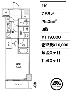 1K 25.05㎡ 3階 賃料¥119,000 管理費¥10,000 敷金0ヶ月 礼金0ヶ月
