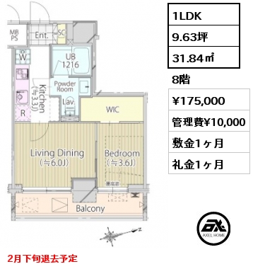 1LDK 31.84㎡ 8階 賃料¥175,000 管理費¥10,000 敷金1ヶ月 礼金1ヶ月 2月下旬退去予定