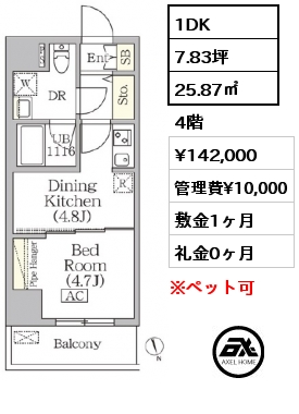 1DK 25.87㎡ 4階 賃料¥142,000 管理費¥10,000 敷金1ヶ月 礼金0ヶ月