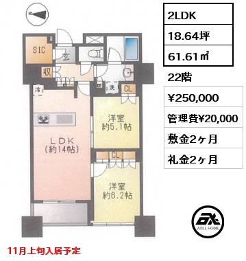 2LDK 61.61㎡ 22階 賃料¥250,000 管理費¥20,000 敷金2ヶ月 礼金2ヶ月 11月上旬入居予定
