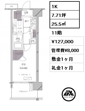 1K 25.5㎡ 11階 賃料¥127,000 管理費¥8,000 敷金1ヶ月 礼金1ヶ月