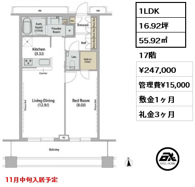 1LDK 55.92㎡ 17階 賃料¥247,000 管理費¥15,000 敷金1ヶ月 礼金3ヶ月 11月中旬入居予定