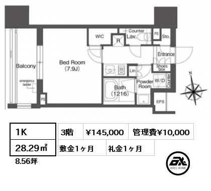 1K 28.29㎡ 3階 賃料¥145,000 管理費¥10,000 敷金1ヶ月 礼金1ヶ月