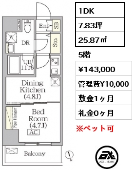 1DK 25.87㎡ 5階 賃料¥143,000 管理費¥10,000 敷金1ヶ月 礼金0ヶ月