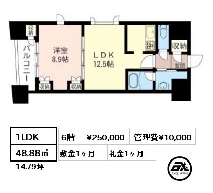 1LDK 48.88㎡ 6階 賃料¥250,000 管理費¥10,000 敷金1ヶ月 礼金1ヶ月