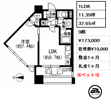 1LDK 37.65㎡ 9階 賃料¥173,000 管理費¥10,000 敷金1ヶ月 礼金1ヶ月