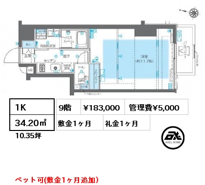 1K 34.20㎡ 9階 賃料¥183,000 管理費¥5,000 敷金1ヶ月 礼金1ヶ月 7月下旬入居予定