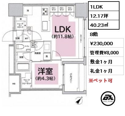 1LDK 40.23㎡ 8階 賃料¥230,000 管理費¥8,000 敷金1ヶ月 礼金1ヶ月