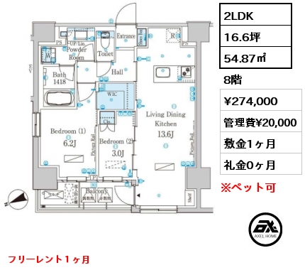 2LDK 54.87㎡ 8階 賃料¥274,000 管理費¥20,000 敷金1ヶ月 礼金0ヶ月 フリーレント１ヶ月　