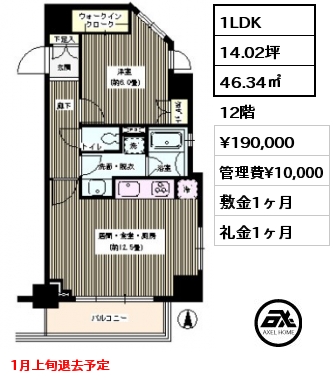 1LDK 46.34㎡ 12階 賃料¥190,000 管理費¥10,000 敷金1ヶ月 礼金1ヶ月 1月上旬退去予定