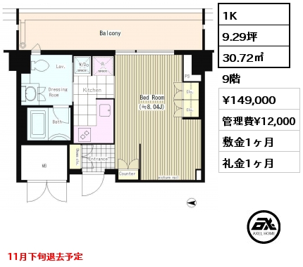 1K 30.72㎡ 9階 賃料¥149,000 管理費¥12,000 敷金1ヶ月 礼金1ヶ月 11月下旬退去予定