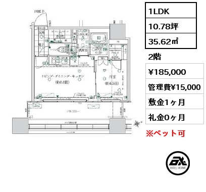 1LDK 35.62㎡ 2階 賃料¥185,000 管理費¥15,000 敷金1ヶ月 礼金0ヶ月