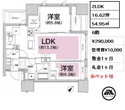 2LDK 54.95㎡ 6階 賃料¥290,000 管理費¥10,000 敷金1ヶ月 礼金1ヶ月