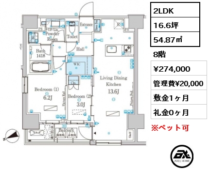 2LDK 54.87㎡ 8階 賃料¥274,000 管理費¥20,000 敷金1ヶ月 礼金0ヶ月 フリーレント１ヶ月　