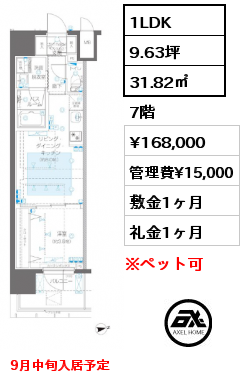 1LDK 31.82㎡ 7階 賃料¥168,000 管理費¥15,000 敷金1ヶ月 礼金1ヶ月