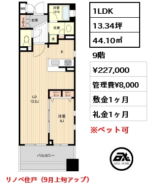 1LDK 44.10㎡ 9階 賃料¥227,000 管理費¥8,000 敷金1ヶ月 礼金1ヶ月 リノベ住戸（9月上旬アップ）