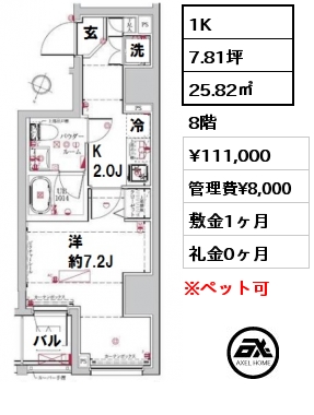 間取り3 1K 25.82㎡ 8階 賃料¥111,000 管理費¥8,000 敷金1ヶ月 礼金0ヶ月