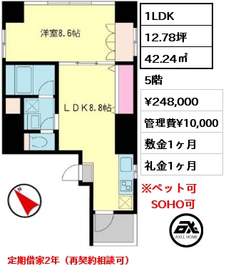 間取り3 1LDK 42.24㎡ 5階 賃料¥248,000 管理費¥10,000 敷金1ヶ月 礼金1ヶ月 定期借家2年（再契約相談可）