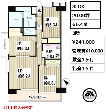 間取り3 3LDK 66.4㎡ 3階 賃料¥241,000 管理費¥10,000 敷金1ヶ月 礼金1ヶ月 4月上旬入居予定