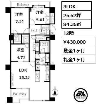 間取り3 3LDK 84.35㎡ 12階 賃料¥430,000 敷金1ヶ月 礼金1ヶ月