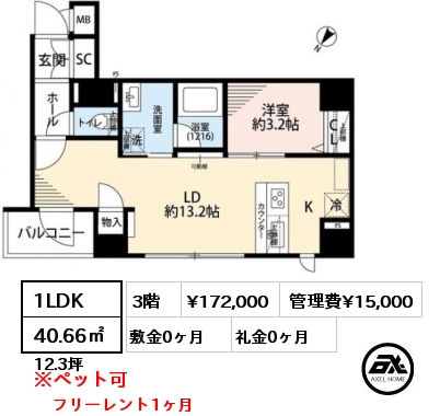 間取り3 1LDK 40.66㎡ 3階 賃料¥172,000 管理費¥15,000 敷金0ヶ月 礼金0ヶ月 フリーレント1ヶ月