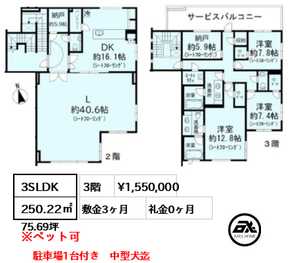 間取り3 3SLDK 250.22㎡  賃料¥1,550,000 敷金3ヶ月 礼金0ヶ月 駐車場1台付き　中型犬迄　 