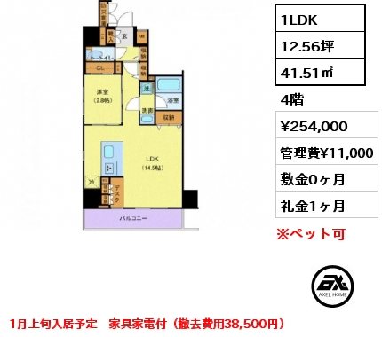 1LDK 41.51㎡ 4階 賃料¥254,000 管理費¥11,000 敷金0ヶ月 礼金1ヶ月 1月上旬入居予定　家具家電付（撤去費用38,500円）