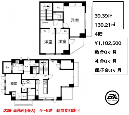  130.21㎡ 4階 賃料¥1,182,500 敷金0ヶ月 礼金0ヶ月 店舗･事務所(税込)　4～5階　軽飲食相談可