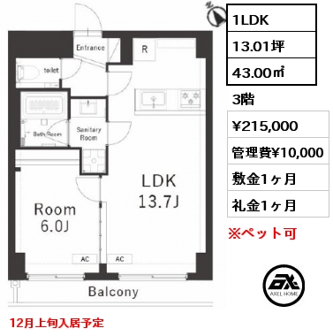 1LDK 43.00㎡ 3階 賃料¥215,000 管理費¥10,000 敷金1ヶ月 礼金1ヶ月 12月上旬入居予定