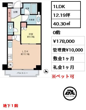 間取り3 1LDK 40.30㎡ 0階 賃料¥178,000 管理費¥10,000 敷金1ヶ月 礼金1ヶ月 地下１階　　