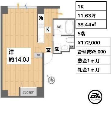 間取り3 1K 38.44㎡ 5階 賃料¥172,000 管理費¥5,000 敷金1ヶ月 礼金1ヶ月 7月上旬退去予定