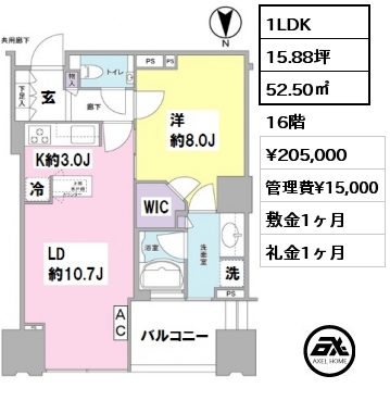 間取り3 1LDK 52.50㎡ 16階 賃料¥205,000 管理費¥15,000 敷金1ヶ月 礼金1ヶ月