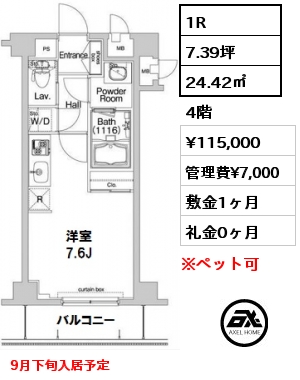 間取り3 1R 24.42㎡ 4階 賃料¥115,000 管理費¥7,000 敷金1ヶ月 礼金0ヶ月 9月下旬入居予定