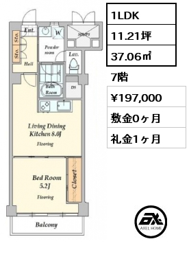 間取り3 1LDK 37.06㎡ 7階 賃料¥197,000 敷金0ヶ月 礼金1ヶ月