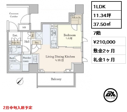 間取り3 1LDK 37.50㎡ 7階 賃料¥210,000 敷金2ヶ月 礼金1ヶ月 2月中旬入居予定