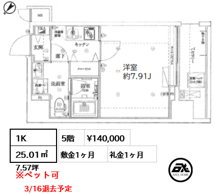 間取り3 1K 25.01㎡  賃料¥140,000 敷金1ヶ月 礼金1ヶ月