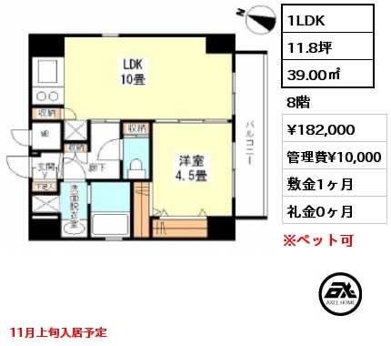 間取り3 1LDK 39.00㎡ 8階 賃料¥182,000 管理費¥10,000 敷金1ヶ月 礼金0ヶ月 11月上旬入居予定