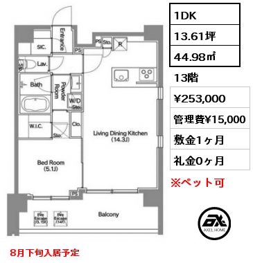 間取り3 1DK 44.98㎡ 13階 賃料¥253,000 管理費¥15,000 敷金1ヶ月 礼金0ヶ月  8月下旬入居予定　