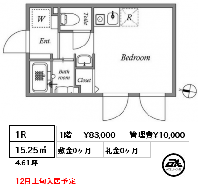 間取り3 1R 15.25㎡ 1階 賃料¥83,000 管理費¥10,000 敷金0ヶ月 礼金0ヶ月 12月上旬入居予定