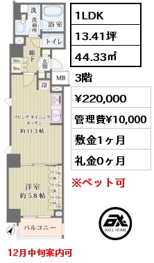 1LDK 44.33㎡ 3階 賃料¥220,000 管理費¥10,000 敷金1ヶ月 礼金0ヶ月 12月中旬案内可