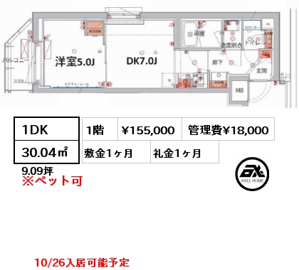 1DK 30.04㎡ 1階 賃料¥155,000 管理費¥18,000 敷金1ヶ月 礼金1ヶ月 10/26入居可能予定