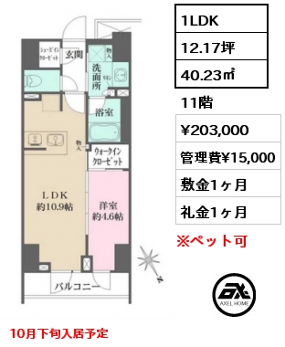 1LDK 40.23㎡ 11階 賃料¥203,000 管理費¥15,000 敷金1ヶ月 礼金1ヶ月 10月下旬入居予定