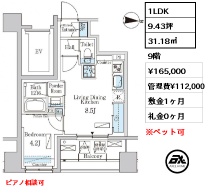 1LDK 31.18㎡ 9階 賃料¥165,000 管理費¥112,000 敷金1ヶ月 礼金0ヶ月 ピアノ相談可