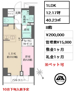 1LDK 40.23㎡ 8階 賃料¥200,000 管理費¥15,000 敷金1ヶ月 礼金1ヶ月 10月下旬入居予定　