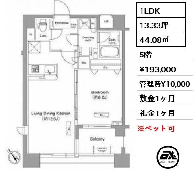1LDK 44.08㎡ 5階 賃料¥193,000 管理費¥10,000 敷金1ヶ月 礼金1ヶ月