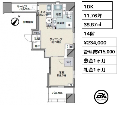 1DK 38.87㎡ 14階 賃料¥234,000 管理費¥15,000 敷金1ヶ月 礼金1ヶ月